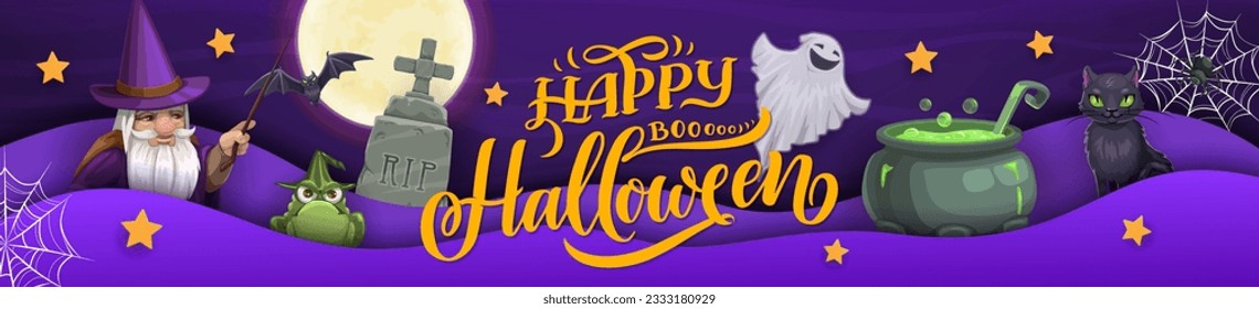 Halloween paper cut banner with cartoon wizard, potion pot and animals. Vector horror holiday ghost, evil magician with magic wand and witch potion cauldron, spider, web, bat, black cat and frog