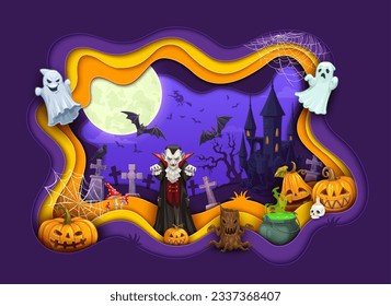 Halloween paper cut banner. Cartoon ghosts and cemetery graves crosses. Scary vampire monster, stump monster character and pumpkin lanterns, ancient castle, flying in sky bats on vector 3d background