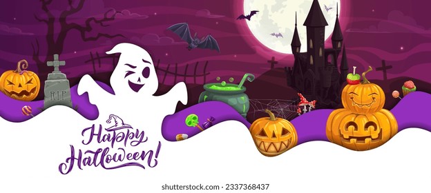 Halloween paper cut banner. Cartoon eerie white ghost, pumpkins and castle. Vector background with 3d effect papercut waves, cauldron, spook, bats, spider web, candies and trees at moonlight night