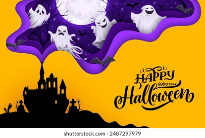 Anuncio de papel de Halloween cortado con castillo, fantasmas de miedo de dibujos animados y lápidas de cementerio con siluetas de mano zombi. Tarjeta de felicitación del Vector con la casa embrujada, el cementerio y el marco ondulado 3d con los espías