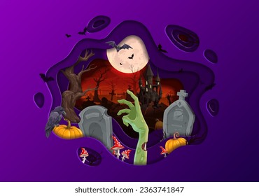 Halloween paper cut banner with cemetery landscape, castle and pumpkins between tombstones, vector background. Halloween holiday horror night zombie dead hand and bats with tombstones on cemetery