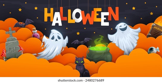 Halloween paper cut banner with clouds and cartoon ghosts characters. Halloween horror holiday vector monsters, bats, witch cauldron and potion bottle, black cat, cemetery tombstone and spell book