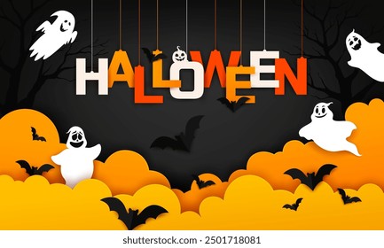 Papel de Halloween cortado Anuncio con nubes, fantasmas y murciélagos. Diseño de Anuncio de fiesta de vacaciones de Vector o tarjeta de felicitación con efecto papercut 3D, fantasmas divertidos y letras de tipografía coloridas colgando de cuerdas