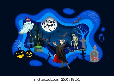 Anuncio de corte de papel de Halloween con personaje de vampiro drácula, calabaza aterradora y fantasma en el paisaje del cementerio. Fiesta de octubre, fondo de Vector de papercut de vacaciones de temporada de otoño, Anuncio con monstruos de Halloween