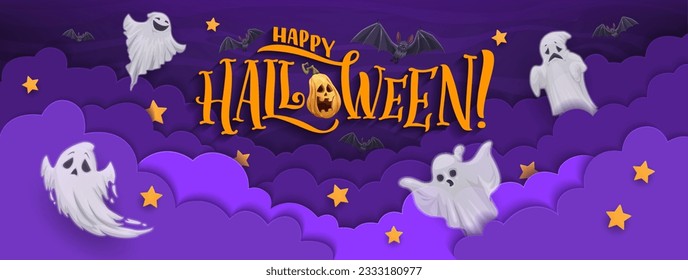 Halloween paper cut banner. Flying ghosts and bats in night sky clouds. Happy Halloween holiday party vector 3d background or paper cut horizontal poster with pumpkin lantern, flying in cloud monsters