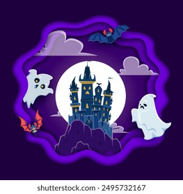 Anuncio de corte de papel de Halloween con fantasmas divertidos, murciélagos y paisaje de Vector de castillo oscuro. Halloween horror noche caricatura fantasmas personajes, murciélagos, espeluznante luna y casa embrujada sobre fondo del cielo de medianoche