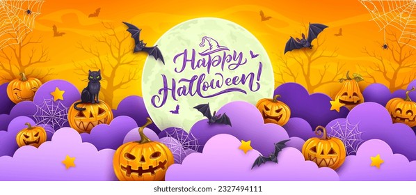 Halloween paper cut banner with pumpkins, bats and cobwebs. Cartoon vector greeting card design with 3d effect papercut clouds, landscape with trees, black cat and jack lanterns under full moon in sky