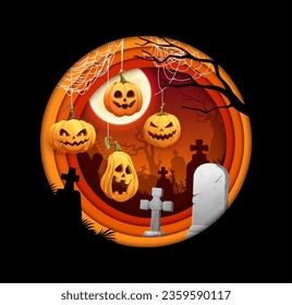 Halloween paper cut banner with pumpkins and cemetery tombstones. 3d vector round frame with cobwebs, spooky jack lanterns on creepy graveyard landscape with eerie trees, stone crosses and tombs