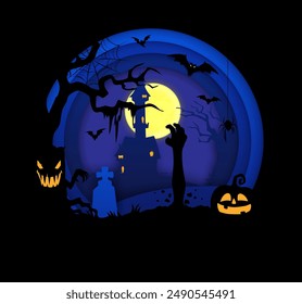 Halloween paper cut banner with scary pumpkin, dark forest and castle, zombie hand and bats. Vector 3d effect papercut frame with night graveyard tombs, scary jack lanterns, moon and spooky spiders