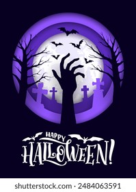 Anuncio de corte de papel de Halloween con mano zombi entre lápidas. Vector tarjeta de felicitación con noche cementerio o sepulcro tumba cruz siluetas, árboles de miedo, luna llena y murciélagos fantasmagóricos 3d efecto corte de papel