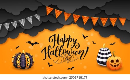 Murciélagos de corte de papel de Halloween, banderín de vacaciones, nubes negras y calabazas estampadas. Celebración de horror de la temporada de otoño, fiesta festiva de Halloween feliz, fondo de Vector de corte de papel de vacaciones de octubre o Anuncio