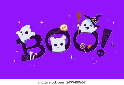 Halloween paper cut boo banner with kawaii ghost characters and holiday sweets. Cartoon funny flying ghosts and spirits vector personages with witch hat and broom, 3d papercut boo, candies and cookies