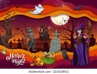 Papel de Halloween cortó caricaturas y dulces. Afiche de la fiesta de corte en 3d vectorial con werewolf, calabazas de linternas de Jack, poción, murciélagos y fantasma espeluznante en un asombrado y espeluznante castillo en el cementerio nocturno