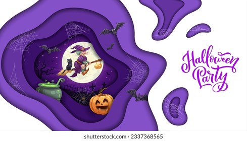 Halloween paper cut cartoon flying witch, magic potion pot and cobweb. Vector holiday papercut double exposition design with hag on broom and black cat at night sky with moon and pumpkin in wavy frame