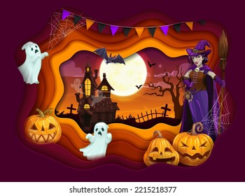 Halloween paper cut cartoon witch, pumpkins, ghosts and landscape. Vector party poster with hag in purple dress holding broom, jack lanterns, spooky ghost at haunted creepy castle on cemetery at night