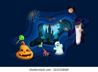 Halloween Paper Cut Cartoon Wizard And Pumpkin Lantern. Vector Background With 3d Effect Wavy Papercut Frame For Party. Sorcerer, Night Cemetery, Haunted House, Potion Bottle And Trick Or Treat Sweets