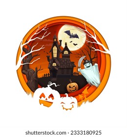 Halloween paper cut castle and cartoon ghost characters. Vector background with 3d effect round papercut frame, amanita and pumpkin, haunted house, trees, bats, moon and funny pirate spook at night