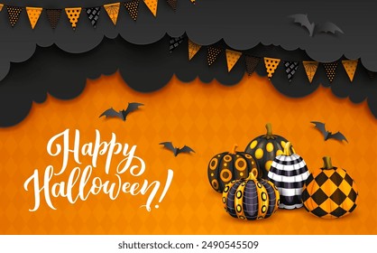 Papel de Halloween cortar nubes, murciélagos, banderín de vacaciones y calabazas con patrón. Diseño de Vector 3d con efecto de corte de papel, Anuncio decorativo, creando un ambiente festivo y espeluznante para celebraciones embrujadas