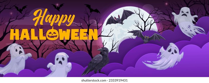 Halloween-Papier geschnitten mit Wolken, Geistern und Fledermäusen. Vector 31. Oktober Feiertagsbanner oder Grußkartendesign mit 3D-Paperschnitt-Effekt, Vollmond, Löffel und Schluchten in Nachtlandschaft mit Bäumen