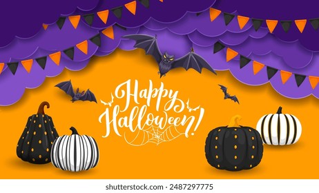 Papel de Halloween cortar nubes, banderín de vacaciones y calabazas con patrón, Vector horror noche de vacaciones. Murciélagos de dibujos animados, telaraña, calabazas y banderas naranjas negras con bordes de capas 3d de nubes cortadas en papel