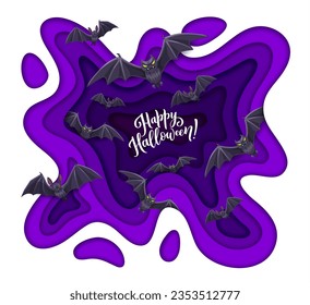 Papel de Halloween corte murciélagos voladores, espeluznante arte de papel vectorial 3d con animales vampiros malvados contra fondo violeta dentro de un marco ondulado. La conmovedora decoración otoñal para las vacaciones de Hallowmas