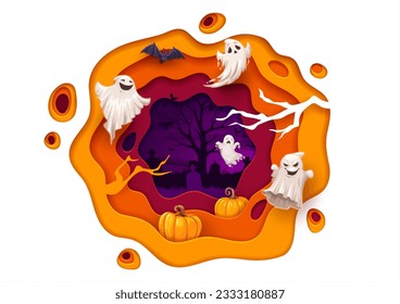 Halloween paper cut flying cartoon funny ghosts on cemetery. Vector october holiday design with 3d papercut effect wavy frame, spooky phantoms, bat, branches and graveyard. Paper carve art graphics