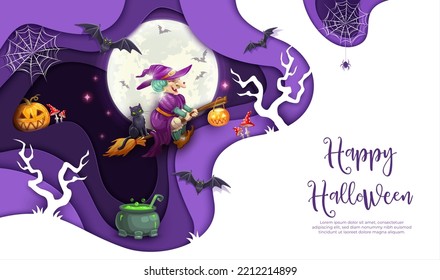 Halloween paper cut flying witch character, black cat on broomstick, Jack o lantern pumpkin and cobweb, full moon, cauldron with magic potion and bats. Happy Halloween papercut vector banner or poster