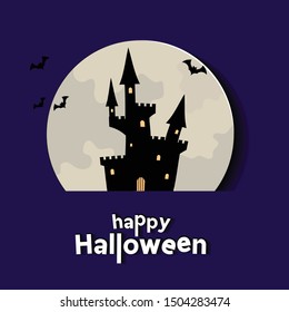 Halloween paper cut greeting card. A Castle in front of the moon.