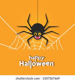 Halloween paper cut greeting card. A spider on yellow background.