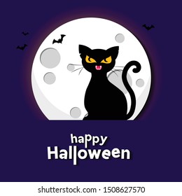 Halloween paper cut greeting card. A black cat sitting in front of the moon.