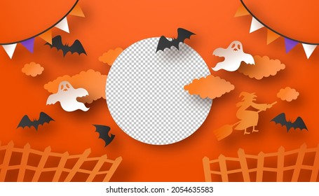 Halloween paper cut illustration of creepy ghost, bats and witch in 3d papercut art style. Scary october web template background with transparent circle frame copy space. 