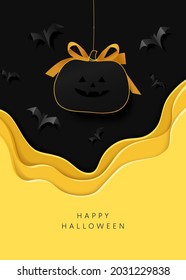 Halloween paper cut invitation card or flyer. Black pumpkin on a black background