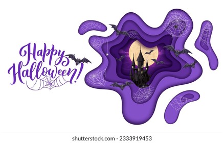 Halloween paper cut midnight castle and flying bats, horror night holiday vector poster. Happy Halloween 3d papercut layers with spider cobwebs, haunted castle and full moon for Halloween party