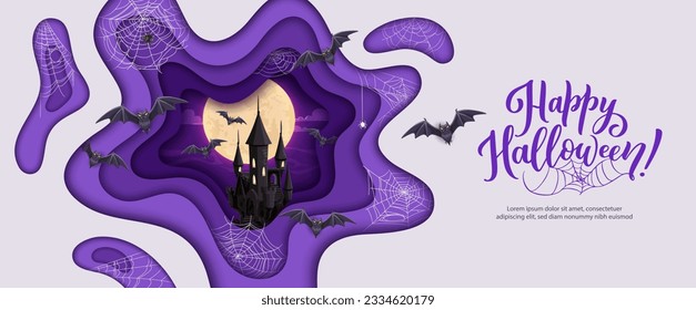 Halloween paper cut midnight castle, cobweb and flying bats, Halloween horror holiday. Vector scary haunted house and black bats in layered papercut frame with background of night sky and full moon