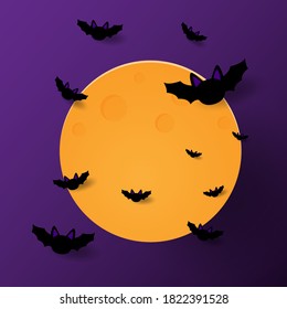 Halloween paper cut moon and bats simple background