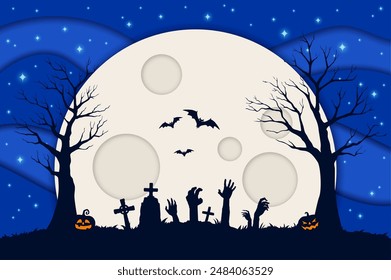 Papel de Halloween cortó la luna y las manos zombis en el cementerio. Vector Halloween truco o trato de la noche de horror calabaza, zombi y murciélagos monstruos, árboles fantasmagóricos y cielo de medianoche 3d fondo de corte de papel