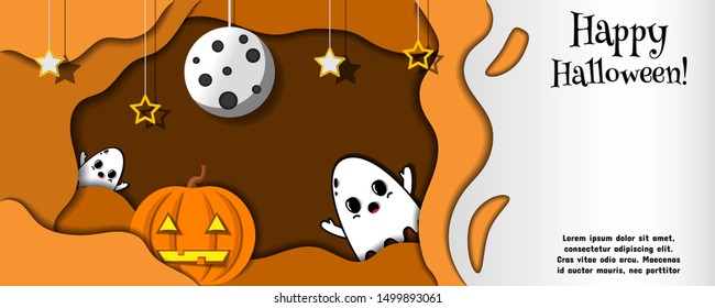 Halloween paper cut out art. 3D layered design. Cute ghosts with smiling pumpkin with moon and stars above. Horizontal poster, banner, invitation, flyer, sign with place for text. Multilayered effect.