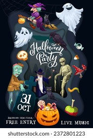 Halloween paper cut party flyer with holiday characters. Vector trick or treat night horror ghost, witch, zombie, mummy, wizard cartoon personages in 3d frame with papercut borders, pumpkin, candies