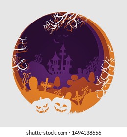 Halloween paper cut poster. Invitation for party. Mix of Various Spooky Creatures, Moon. Halloween night vector illustration. Halloween background with scary graveyard. Halloween background