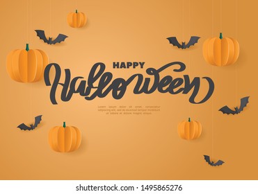 Halloween paper cut poster. Invitation for party. Halloween night vector illustration. Halloween background with paper pumpkin. Halloween background