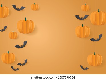 Halloween paper cut poster. Invitation for party. Halloween night vector illustration. Halloween background with paper pumpkin. Halloween background