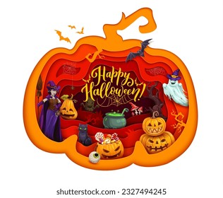 Halloween paper cut pumpkin with cartoon characters. Witch with boom, ghost and black cat personages, Jack o lantern pumpkins, candies and cauldron on paper cut vector background, Halloween 3d sticker