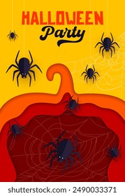 Halloween paper cut pumpkin, spiders and cobweb. Autumn season horror party, Halloween celebration paper cut vector flyer or poster with pumpkin silhouette, black widow spiders, cobweb and typography