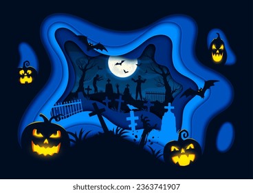 Halloween paper cut scary banner with zombie, danger pumpkin lanterns and cemetery, vector silhouette. Halloween holiday horror night zombie hand in grave and tombstones on night cemetery in paper cut