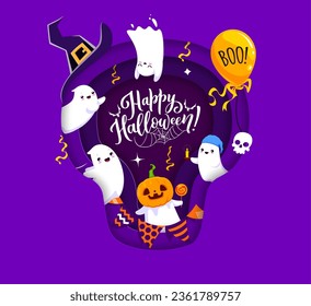 Halloween paper cut skull shape banner with cute kawaii ghosts. 3d vector border with cartoon funny spooks, pumpkin, witch hat, balloon, confetti and garland inside of layered wavy papercut frame