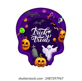 Halloween paper cut skull shape with pumpkins, ghost and holiday sweets. Vector holiday trick or treat background with cartoon desserts, jack lanterns and bats. 3d papercut frame in shape of cranium