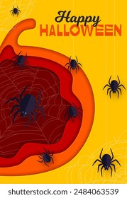 El papel de Halloween cortó arañas y telaraña en calabaza, creando una atmósfera espeluznante pero juguetona para la celebración. Anuncio de Vector con insectos arácnidos espeluznantes arrastrándose alrededor de un marco en forma de calabaza en 3d