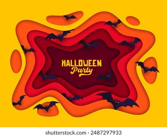 Halloween paper cut waves with flock of bats. Fall season horror holiday, Happy Halloween celebration party papercut vector background or banner with flying scary bats monsters silhouettes