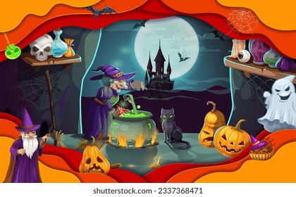 Halloween paper cut witch with magic potion pot in cave, vector horror holiday. Scary witch and evil wizard characters, creepy pumpkins, ghost and moon, bats and black cat in layered papercut frame