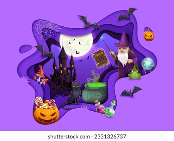 Halloween paper cut wizard or sorcerer cave with magic potion pot. Vector background with 3d effect wavy papercut frame. Cartoon wiz with spell book, pumpkin, trick or treat sweets, old night castle